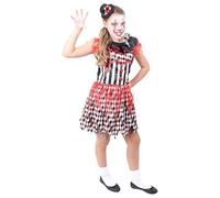 Girls Scary Clown Costume - XLarge - Harlequin Black and White Dress, Black and White Corset With Black and Red Frill and Mini Clown Fascinator Hat - Perfect for Halloween & Other Fancy Dress