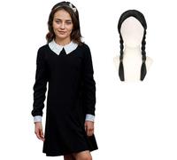 Girls Scary Daughter Addams Costume - Kids Gothic School Girl Long Black Collared Dress with Scary Wig 2 Pcs Spooky Family Halloween Fancy Dress for Girls, 4-6 Years