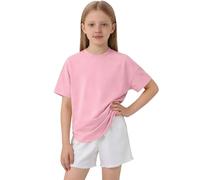 Girls School 2 Piece Athletic Outfit, Oversized Crew Neck Short Sleeve Tee, Elastic Ruffle Straight Shorts, Breathable Separates for Classroom Lessons and Outdoor Play(Pink, 5-6 Years)