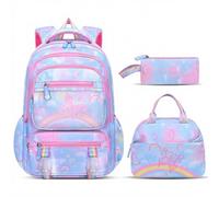 Girls School Backpack Set 3Pcs Large Capacity School Rucksack with Insulated Lunch Bag and Pencil Case Rainbow Cloud Butterfly Print Back to School Bag Ergonomic Primary Bags for Girls,(Blue)