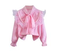 Girls School Shirts Bow Tie Shirt Puff Sleeve Top Ruffle Collar Blouse Cotton School Uniform Shirt Button Down Girls Princess Blouse Casual Loose Tops Preppy Shirts for Kids 12 Years Pink