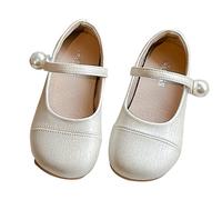 Girls School Shoes Cute Pearl Wide Fit Flat Leather Mary Jane Shoes Adjustable Ankle Strap Solid Dress Sandals Soft Sole Loafers Closed Toe Retro School Mary Jane Sandals (Beige, 12 Little child)