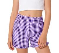 Girls School Shorts Gingham Ruffle Hem Elastic High Waist Slim Fit Dance Shorts Under Dress Straight Plaid Cycling Gym Shorts Summer Uniform Athletic Hot Pants Kids Sports Short Leggings