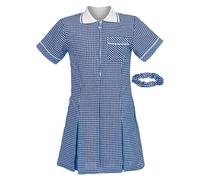Girl's School Uniform Pleated Gingham Summer Dress + Hair Bobble | Perfect for School Pinafore Summer Dress Idle for School Uniforms & Special Occasions(Navy-Age 5 Years)