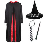Girls School Witch Costume - Black Cape with Matching Hat, Black & White Striped Tie and Branch-Style Wizard Wand - World Book Day Fancy Dress Costume