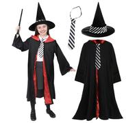 Girls School Witch Costume - X-Large - Black Cape with Matching Hat and Black & White Striped Tie - World Book Day Fancy Dress Costume