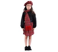 Girls Scottish Traditional Folk Dance Performance Outfit with Tartan Kilt and Velvet Jacket for Themed Parties, School Events, and Cultural Celebrations, Adjustable Waist, Ages 3-12