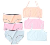 Girls Seamless Bras Sets Cotton Strappy Crop Top First Bra & Knickers Camisole Style Training Underwears Vest with Elastic Shoulder for Kids 6-10 Years