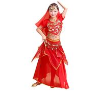 Girls Sequin Belly Dance Costume Indian Performance Outfit Halloween Carnival Party Wear Festive Sparkling Dress Set (b-Red, 7-8 Years)
