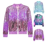 Girls Sequin Bomber Jacket Zipper Long Sleeve Sparkle Baseball Jackets Kids Flight Coats Glitter Shiny Party Club Night out Tops Boys Hip Hop Disco Birthday Outfit (Light Blue, 3-4 Years)