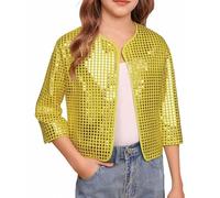 Girls' Sequin Cardigan Elegant 3/4 Sleeve Bolero Shrug, Kids Lightweight Sparkly Shiny Tops Glitter Open Front Cropped Jacket Cocktatl Party Evening Wedding Gold 12-13 Years
