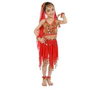 Girls Sequin Dress Indian Belly Dance Clothes Kids Tassel Sparkly Glitter Crop Tops Trousers 5-Piece Fancy Dress Latin Arabian Princess Costume Outfit For Girls Dancer (Red, 5-9 Years)