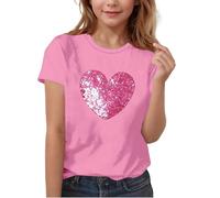 Girls Sequin T Shirts Cute Love Heart Graphic Sparkly Tops 3-15 Years, Kids Stylish Glitter Tops Short Sleeve Blouses Stretch Pe School Shinny Party Wear Summer Clothes