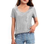 Girls Sequin Top Kids Sparkly Shirts Summer School Graduate Dance Performance Tee Teens Fashion Shiny T Shirt Trendy Short Sleeve Tees Retro Festival Undershirt (Grey, 10-11 Years)