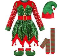 Girls Sequins Elf Costume Kids Christmas Elf Costume Sparkly Christmas Dress Santa Hat Stockings Shoes Xmas Party Outfit 4PC Set for Stage Performance Pageant Gown (Green, 3-4 Years)