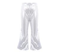 Girls Sequins Flared Pants Kids Retro Sparkly Jazz Dance Pants Shiny Disco Party Trousers Modern Elastic Mid-Waist Bottom for Jazz Dancewear Hip Hop Performance Costume Silver