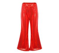 Girls Sequins Flared Pants Kids Retro Sparkly Jazz Dance Pants Shiny Disco Party Trousers Modern Elastic Mid-Waist Bell Bottom for Jazz Dancewear Hip Hop Performance Costume (02-Red, 12-14 Years)