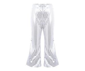 Girls Sequins Flared Pants Kids Sparkly Jazz Dance Pants Shiny Disco Party Trousers Modern Elastic Mid-Waist Bottom for Jazz Dancewear Hip Hop Retro Sparkly Pants for Dance (02-White, 12-14 Years)