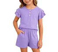 Girls Set Round Neck Girls Suit Soft Summer Two Piece Ruffled Short Sleeved Button Down Shirt and Shorts Suitable for Five to Thirteen Years Old Toddler Clothes Tracksuit Volleyball Summer