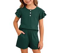Girls Set Round Neck Girls Suit Soft Summer Two Piece Ruffled Short Sleeved Button Down Shirt and Shorts Suitable for Five to Thirteen Years Old Toddler Clothes Tracksuit Volleyball Summer