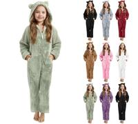 Girls Sherpa Fleece Half Zip Wide Leg Jumpsuits Kids Plush Bear Hooded Romper with Pocket Toddler Winter Warm Soft Fuzzy Pyjamas Sleepwear Cozzy One Piece Outfits (Green, 8-9 Years)