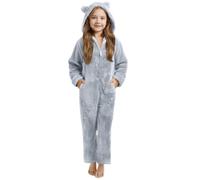 Girls Sherpa Fleece Half Zip Wide Leg Jumpsuits Kids Plush Bear Hooded Romper with Pocket Toddler Winter Warm Soft Fuzzy Pyjamas Sleepwear Cozzy One Piece Outfits (Grey, 10-11 Years)