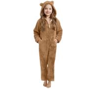 Girls Sherpa Fleece Half Zip Wide Leg Jumpsuits Kids Plush Bear Hooded Romper with Pocket Toddler Winter Warm Soft Fuzzy Pyjamas Sleepwear Cozzy One Piece Outfits (Khaki, 6-7 Years)