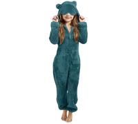 Girls Sherpa Fleece Zip up Jumpsuits Kids Plush Bear Hooded Romper with Eye Patch Winter Warm Sleepsuit Pyjamas Plain One Piece Outfits Holiday Casual Fall Clothes Home Wear (Green, 12-13 Years)
