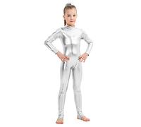 Girls Shiny Metallic Long Sleeve Unitard Spandex One Piece Wet Look Kid Bodysuit, Silver, S