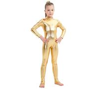 Girls Shiny Metallic Mock Neck Unitard Long Sleeve Zipper Back One Piece Bodysuit Costume Ballet Dance Acrobatics Gymnastic Performance Gold 10-12 Years