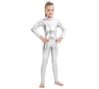 Girls Shiny Metallic Mock Neck Unitard Long Sleeve Zipper Back One Piece Bodysuit Costume Ballet Dance Acrobatics Gymnastic Performance Silver 10-12 Years