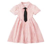 Girls Shirt Dress Kids White Stripe Puff Short Sleeve School Dresses with Tie Black Collared Button Up Casual Dresses School Daily Wear Preppy Style Pink 4 Years