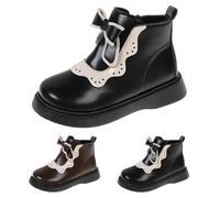 Girls Short Boots Winter Plus Velvet Warm Boots with Side Zipper Versatile Soft Bottom Durable Non Slip PU Leather Shoes Children's Cute Bow Princess Booties Black