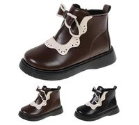 Girls Short Boots Winter Plus Velvet Warm Boots with Side Zipper Versatile Soft Bottom Durable Non Slip PU Leather Shoes Children's Cute Bow Princess Booties Brown