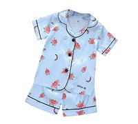 Girls Short Satin Pyjama Set Summer Two Piece Pyjamas ilk Satin Sleepwear Nightwear Cute Cartoon Bunny Print Button-up Loungewear Clothes for Kids Silky js Tops Shorts (Light Blue #1, 3-4 Years)
