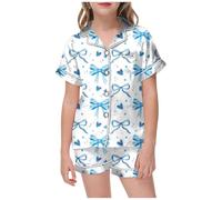 Girls Short Satin Pyjamas Girls Bow Knot Printed Pyjamas Button Down Satin Short Pjs Loungewear Two Piece Nightwear Comfor Lightweight Children Sleepwear Teens Age 1-1 (Sky Blue, 10-11 Years)