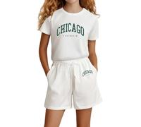 Girls' Short Sets Fashion Letter Print Casual 2 Piece Outfits Short Sleeve Crewneck Tshirts and Shorts Set Graphic Print Casual Cute Kids Clothes (b-White, 13-14 Years)