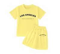 Girls' Short Sets Summer 2 Piece Outfits Clothing Sets Cute Print Short Sleeve Crewneck Shirts and Shorts Set Letter Print Casual Cute Kids Clothes (B-Yellow, 11-12 Years)