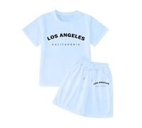 Girls' Short Sets Summer 2 Piece Outfits Clothing Sets Cute Print Short Sleeve Crewneck Shirts and Shorts Set Letter Print Casual Cute Kids Clothes (B-Sky Blue, 9-10 Years)