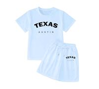 Girls' Short Sets Summer 2 Piece Outfits Clothing Sets Cute Print Short Sleeve Crewneck Shirts and Shorts Set Letter Print Casual Cute Kids Clothes (A-Sky Blue, 7-8 Years)