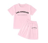 Girls' Short Sets Summer 2 Piece Outfits Clothing Sets Cute Print Short Sleeve Crewneck Shirts and Shorts Set Letter Print Casual Cute Kids Clothes (7-8 Years)