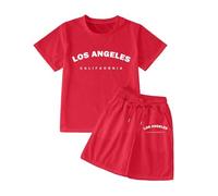 Girls' Short Sets Summer 2 Piece Outfits Clothing Sets Cute Print Short Sleeve Crewneck Shirts and Shorts Set Letter Print Casual Cute Kids Clothes (B-Red, 7-8 Years)