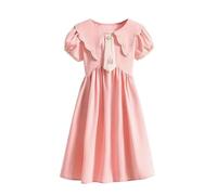 Girls Short Sleeve Dresses Semi Formal Dress Summer Princess Party Dresses Patchwork Button Down Collar Textural Pleated Leisure Sundress #02Pink 12-13 Years