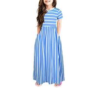 Girl's Short Sleeve Striped Print Loose Casual Long Maxi Dress with Pockets Summer Fit and Flare Party Dress Outfit Striped Short Dress Skirt for Girls (Blue, 7-8 Years)