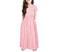 Girl's Short Sleeve Striped Print Loose Casual Long Maxi Dress with Pockets Summer Fit and Flare Party Dress Outfit Striped Short Dress Skirt for Girls (Pink, 9-10 Years)