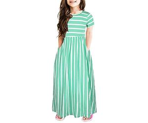 Girl's Short Sleeve Striped Print Loose Casual Long Maxi Dress with Pockets Summer Fit and Flare Party Dress Outfit Striped Short Dress Skirt for Girls (Green, 9-10 Years)