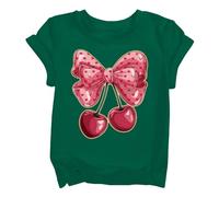 Girls Short Sleeve T-Shirt Floral Cherry Pattern Kids Lightweight Casual Summer Top Comfortable Fit Casual Top Cute Y2K Round Neck Slim Fit Going Out Tops (Blackish Green, 8-9 Years)