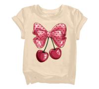 Girls Short Sleeve T-Shirt Floral Cherry Pattern Kids Lightweight Casual Summer Top Comfortable Fit Casual Top Cute Y2K Round Neck Slim Fit Going Out Tops (Beige, 10-11Years)