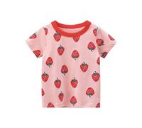 Girls Short Sleeve T Shirt Strawberry Cartoon Pattern Breathable Cotton Blend Comfortable Summer Top for 4-8 Years Old Casual Daily Design