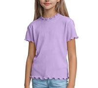 Girls Short Sleeve Tops Plain Ruffle Strim Basic Tee Shirts 4 Years, Kids Comfy Loose Fit Silk Feel Tunic Pe School Fancy Dress Festival Birthday Holiday Purple